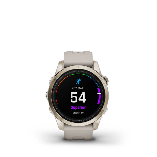 Ceas Garmin - epix Pro 42mm Gen 2s Sapphire smartwatch premium AMOLED - ramă Soft Gold si curea din silicon crem