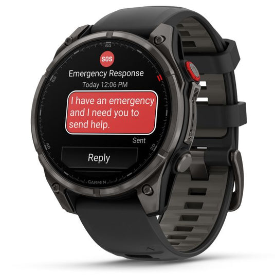 Ceas Garmin - fenix 8 Pro 47mm - smartwatch premium AMOLED Sapphire - ramă gri din titanium DLC si curea din silicon neagră-gri