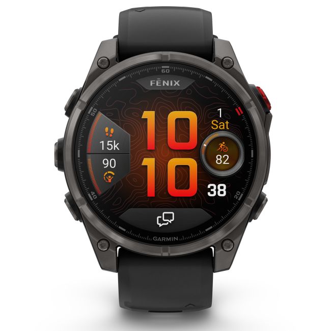 Ceas Garmin - fenix 8 Pro 51mm - smartwatch premium AMOLED Sapphire - ramă gri din titanium DLC si curea din silicon neagră-gri
