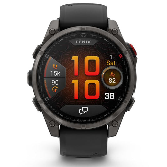 Ceas Garmin - fenix 8 Pro 51mm - smartwatch premium AMOLED Sapphire - ramă gri din titanium DLC si curea din silicon neagră-gri