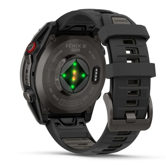 Ceas Garmin - fenix 8 Pro 51mm - smartwatch premium AMOLED Sapphire - ramă gri din titanium DLC si curea din silicon neagră-gri