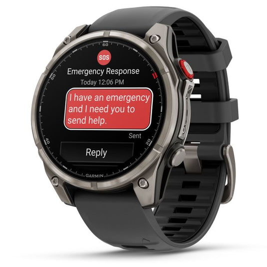 Ceas Garmin - fenix 8 Pro 47mm - smartwatch premium AMOLED Sapphire - ramă argintie din titanium si curea din silicon neagră-gri