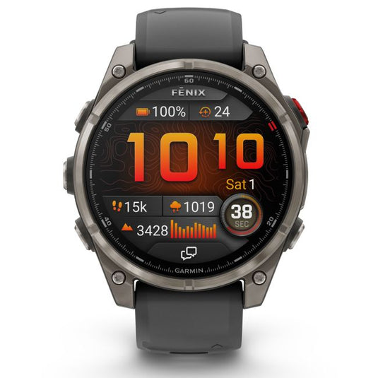 Ceas Garmin - fenix 8 Pro 51mm - smartwatch premium AMOLED Sapphire - ramă argintie din titanium si curea din silicon neagră-gri