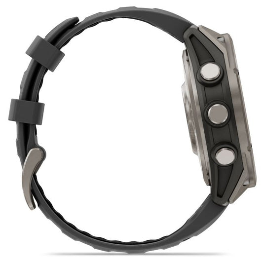 Ceas Garmin - fenix 8 Pro 47mm - smartwatch premium AMOLED Sapphire - ramă argintie din titanium si curea din silicon neagră-gri