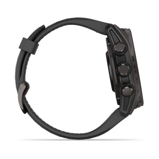 Ceas Garmin - fenix 8s AMOLED Sapphire 43mm - smartwatch premium AMOLED - ramă gri din titanium DLC si curea din silicon neagră-gri