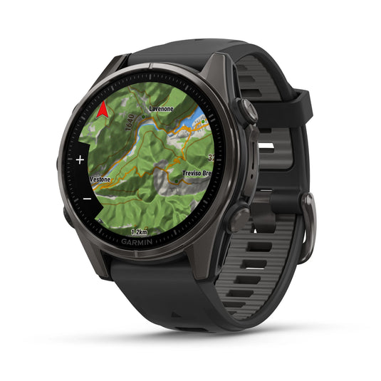 Ceas Garmin - fenix 8s AMOLED Sapphire 43mm - smartwatch premium AMOLED - ramă gri din titanium DLC si curea din silicon neagră-gri