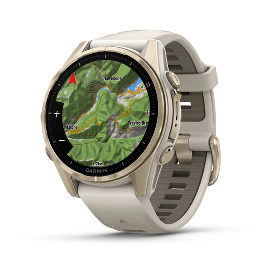 Ceas Garmin - fenix 8s AMOLED Sapphire 43mm - smartwatch premium AMOLED - ramă aurie din titanium si curea din silicon gri