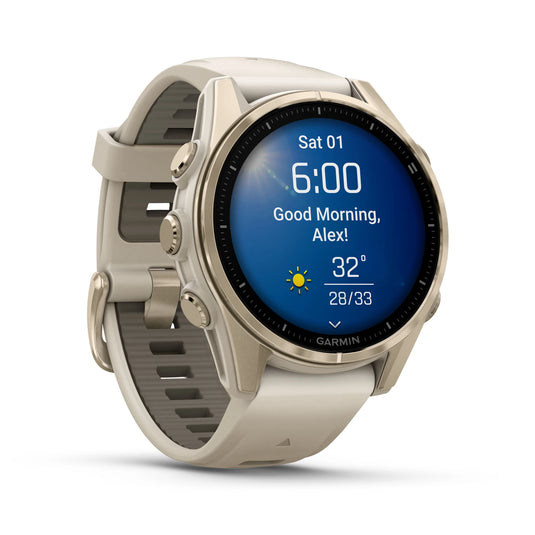 Ceas Garmin - fenix 8s AMOLED Sapphire 43mm - smartwatch premium AMOLED - ramă aurie din titanium si curea din silicon gri