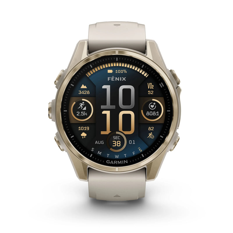 Încărcați imaginea în vizualizatorul Galerie, Ceas Garmin - fenix 8s AMOLED Sapphire 43mm - smartwatch premium AMOLED - ramă aurie din titanium si curea din silicon gri
