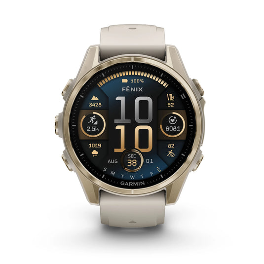 Ceas Garmin - fenix 8s AMOLED Sapphire 43mm - smartwatch premium AMOLED - ramă aurie din titanium si curea din silicon gri