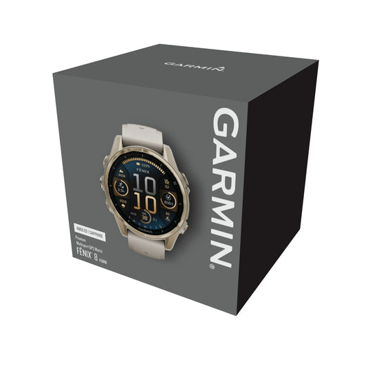 Ceas Garmin - fenix 8s AMOLED Sapphire 43mm - smartwatch premium AMOLED - ramă aurie din titanium si curea din silicon gri