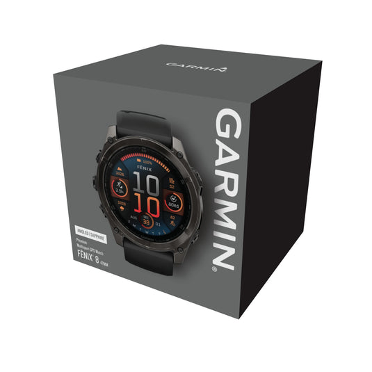 Ceas Garmin - fenix 8 AMOLED Sapphire 47mm - smartwatch premium AMOLED - ramă gri din titanium DLC si curea din silicon neagră-gri