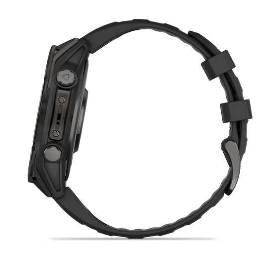 Ceas Garmin - fenix 8 AMOLED Sapphire 47mm - smartwatch premium AMOLED - ramă gri din titanium DLC si curea din silicon neagră-gri