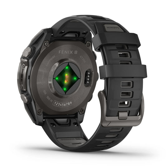 Ceas Garmin - fenix 8 AMOLED Sapphire 47mm - smartwatch premium AMOLED - ramă gri din titanium DLC si curea din silicon neagră-gri