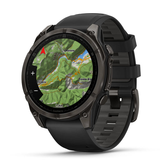 Ceas Garmin - fenix 8 AMOLED Sapphire 47mm - smartwatch premium AMOLED - ramă gri din titanium DLC si curea din silicon neagră-gri