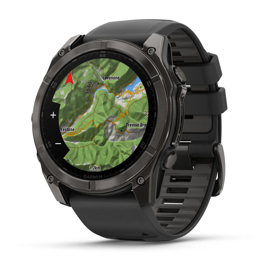 Ceas Garmin - fenix 8x AMOLED Sapphire 51mm - smartwatch premium AMOLED - ramă gri din titanium DLC si curea din silicon neagră-gri