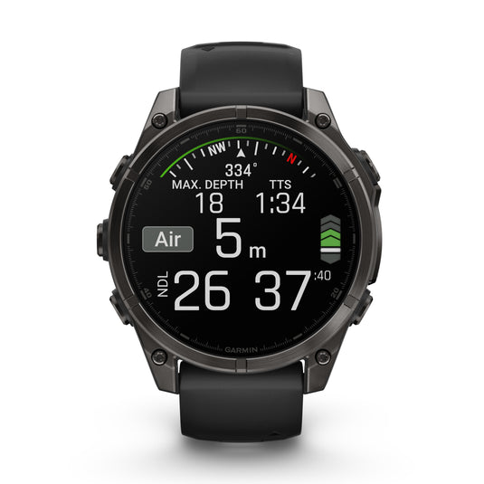 Fenix 8 AMOLED Sapphire - 47 mm - Carbon Gray DLC Titanium with Black | Pebble Gray Silicone Band