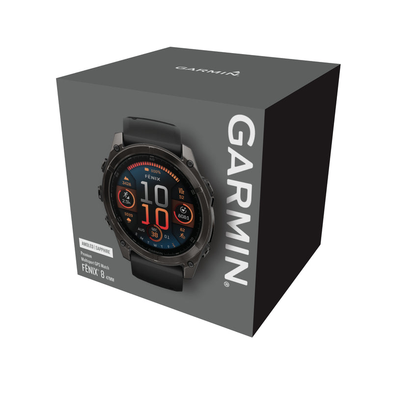 Load image into Gallery viewer, Fenix 8 AMOLED Sapphire - 47 mm - Carbon Gray DLC Titanium with Black | Pebble Gray Silicone Band
