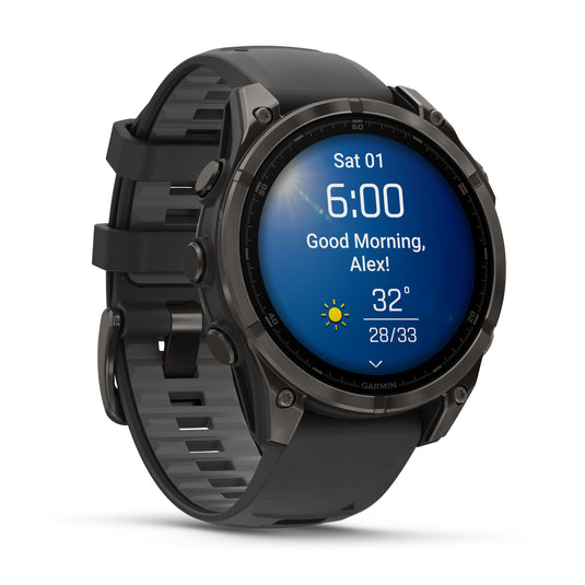 Fenix 8 AMOLED Sapphire - 47 mm - Carbon Gray DLC Titanium with Black | Pebble Gray Silicone Band