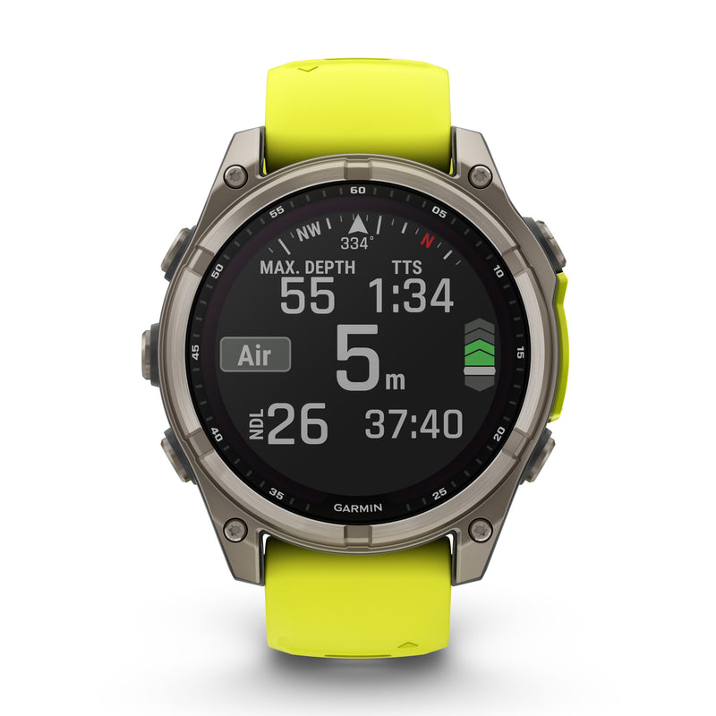 Încărcați imaginea în vizualizatorul Galerie, fenix 8 Solar Sapphire - 47 mm - Titanium with Amp Yellow | Graphite Silicone Band

