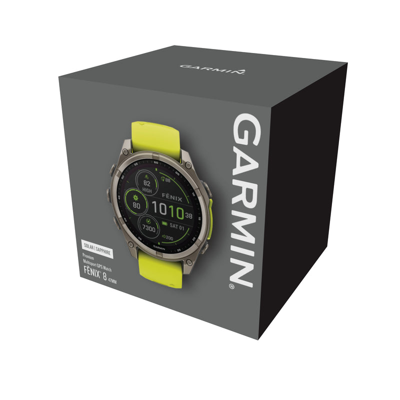 Încărcați imaginea în vizualizatorul Galerie, fenix 8 Solar Sapphire - 47 mm - Titanium with Amp Yellow | Graphite Silicone Band
