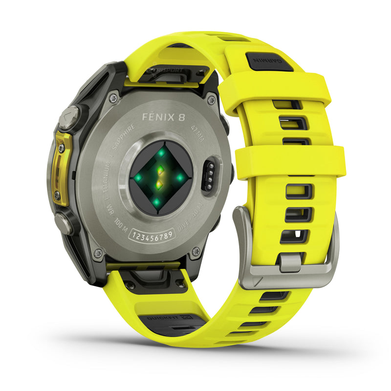 Încărcați imaginea în vizualizatorul Galerie, fenix 8 Solar Sapphire - 47 mm - Titanium with Amp Yellow | Graphite Silicone Band
