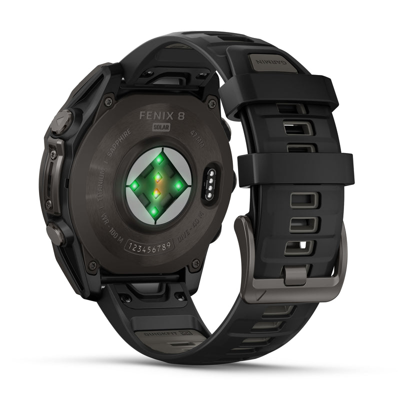 Load image into Gallery viewer, Fenix 8 Solar Sapphire - 47 mm - Carbon Gray DLC Titanium with Black | Pebble Gray Silicone Band
