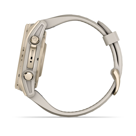fenix 8 AMOLED Sapphire - 43 mm - Soft Gold with Fog Gray | Dark Sandstone Silicone Band