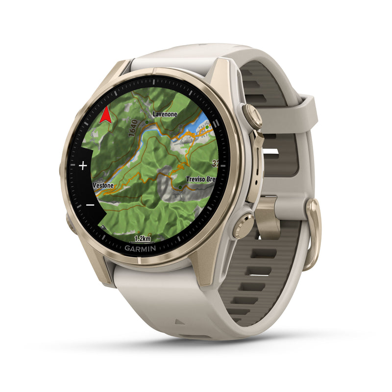 Load image into Gallery viewer, fenix 8 AMOLED Sapphire - 43 mm - Soft Gold with Fog Gray | Dark Sandstone Silicone Band
