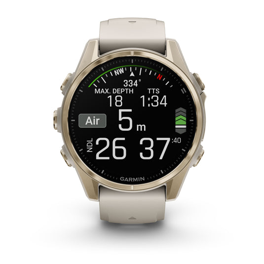 fenix 8 AMOLED Sapphire - 43 mm - Soft Gold with Fog Gray | Dark Sandstone Silicone Band