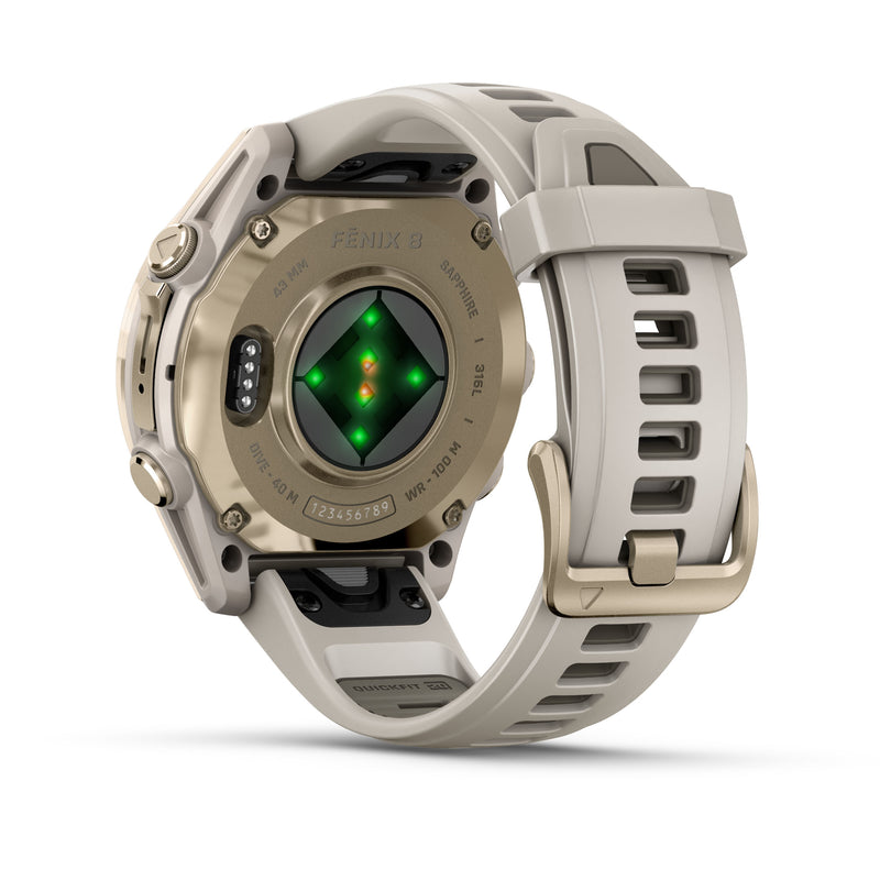 Load image into Gallery viewer, fenix 8 AMOLED Sapphire - 43 mm - Soft Gold with Fog Gray | Dark Sandstone Silicone Band
