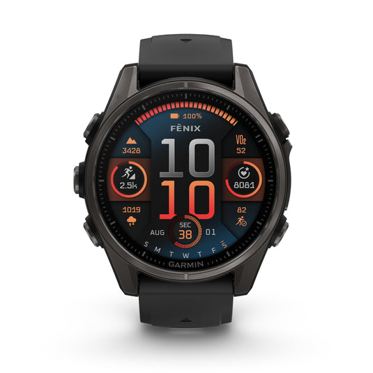 Fenix 8 AMOLED Sapphire - 43 mm - Carbon Gray DLC Titanium with Black | Pebble Gray Silicone