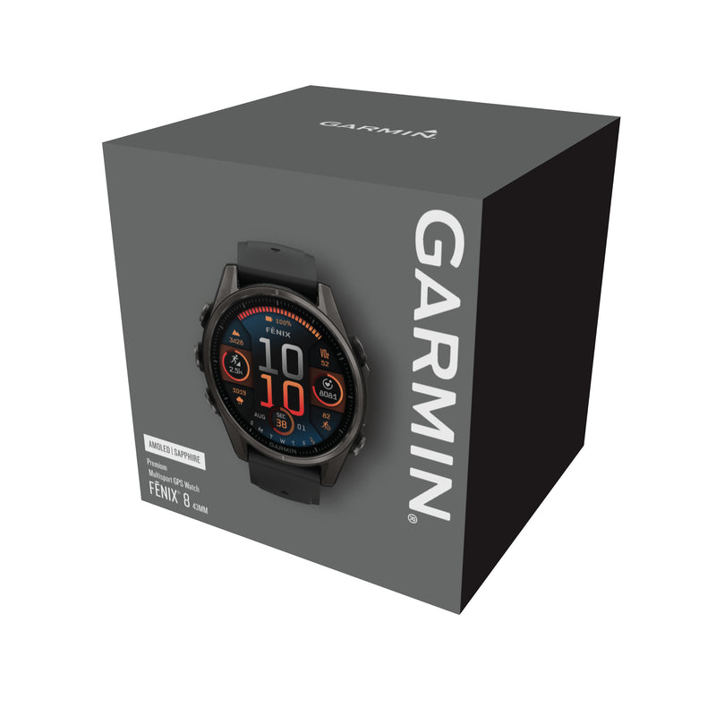 Load image into Gallery viewer, Fenix 8 AMOLED Sapphire - 43 mm - Carbon Gray DLC Titanium with Black | Pebble Gray Silicone

