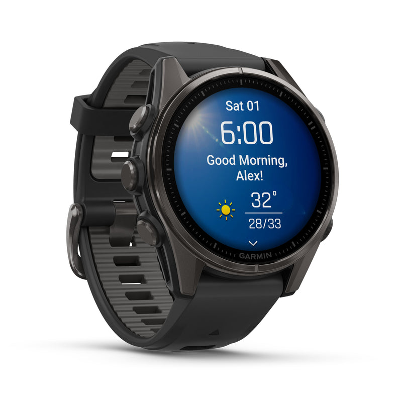 Load image into Gallery viewer, Fenix 8 AMOLED Sapphire - 43 mm - Carbon Gray DLC Titanium with Black | Pebble Gray Silicone
