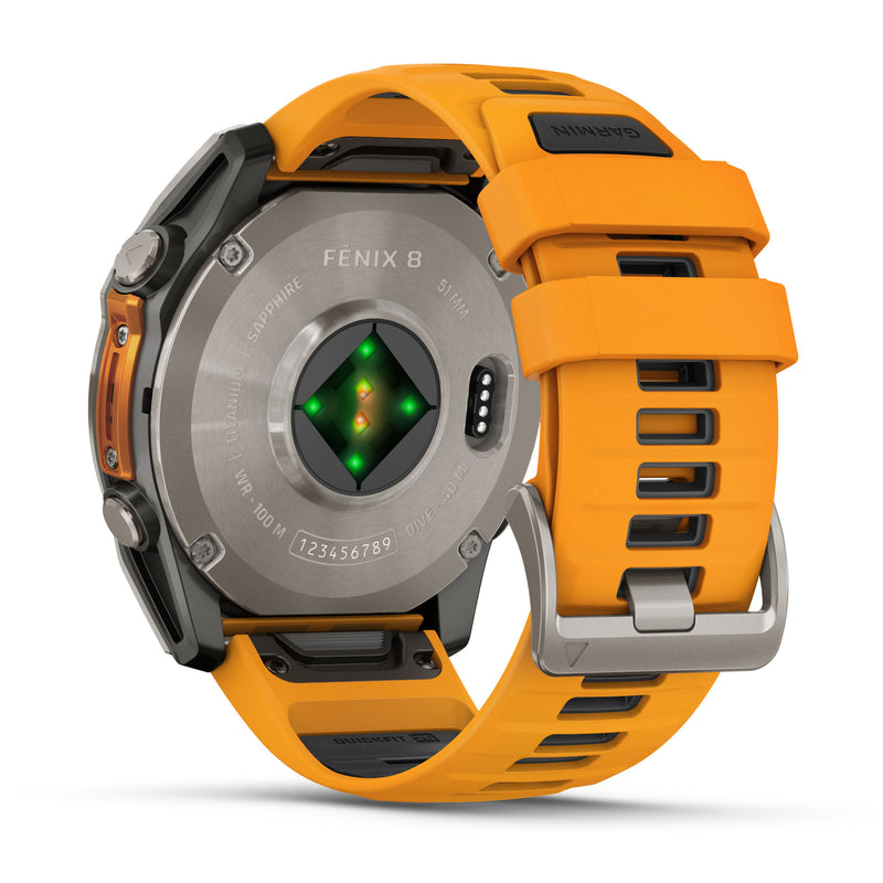 Load image into Gallery viewer, Fenix 8 AMOLED Sapphire - 51 mm - Titanium with Spark Orange | Graphite Silicone Band
