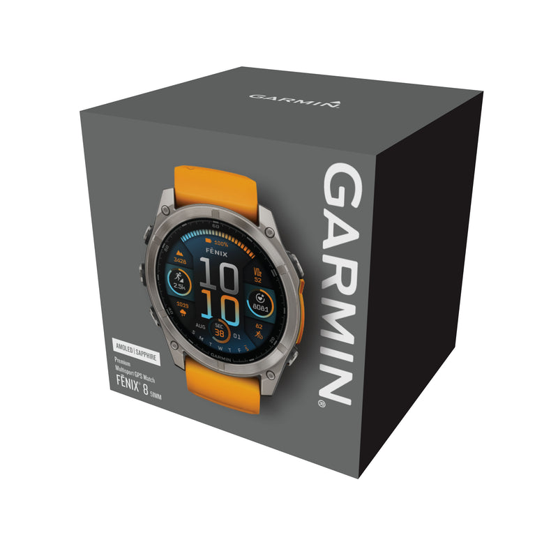 Load image into Gallery viewer, Fenix 8 AMOLED Sapphire - 51 mm - Titanium with Spark Orange | Graphite Silicone Band

