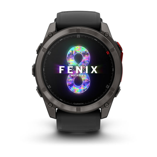 Ceas Garmin - fenix 8 Pro 51mm MICROLED - smartwatch premium Sapphire - ramă gri din titanium DLC si curea din silicon neagră-gri