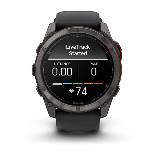 Ceas Garmin - fenix 8 Pro 51mm MICROLED - smartwatch premium Sapphire - ramă gri din titanium DLC si curea din silicon neagră-gri