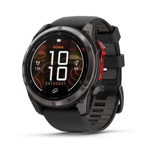Ceas Garmin - fenix 8 Pro 51mm MICROLED - smartwatch premium Sapphire - ramă gri din titanium DLC si curea din silicon neagră-gri