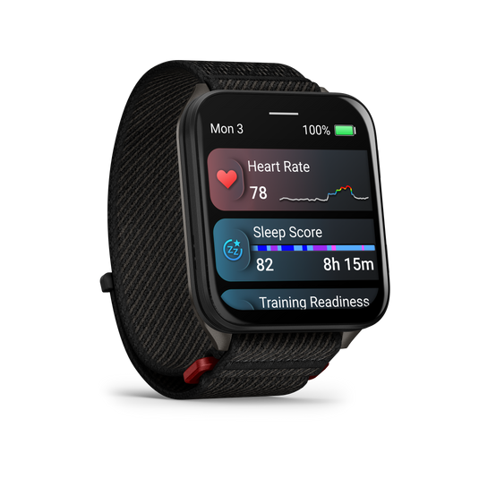 GARMIN - VENU X1 - SMARTWATCH CU GPS ȘI AMOLED - NEGRU CU SPATE DIN TITAN ARGINTIU ȘI CUREA DIN NAILON COMFORTFIT NEAGRĂ