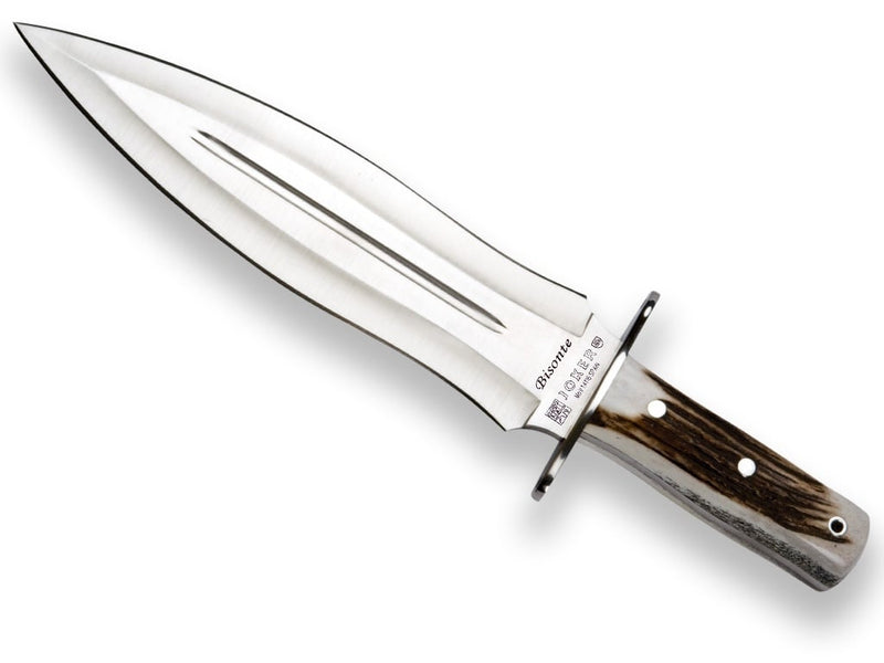 Încărcați imaginea în vizualizatorul Galerie, Cutit pentru injunghiere Joker Guepardo, maner corn cerb, lama tais dublu 30cm CC29
