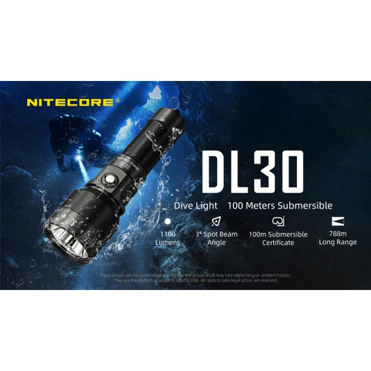 Lanternă Profesională pentru Scufundări, Nitecore DL30, Reincarcabila USB-C, 1100 Lumeni, 788 Metri, Submersibila 100 Metri