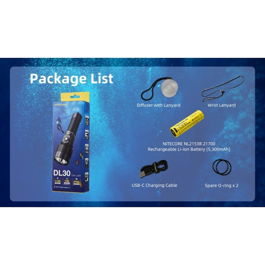 Lanternă Profesională pentru Scufundări, Nitecore DL30, Reincarcabila USB-C, 1100 Lumeni, 788 Metri, Submersibila 100 Metri