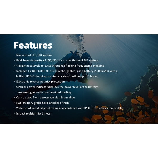 Încărcați imaginea în vizualizatorul Galerie, Lanternă Profesională pentru Scufundări, Nitecore DL30, Reincarcabila USB-C, 1100 Lumeni, 788 Metri, Submersibila 100 Metri
