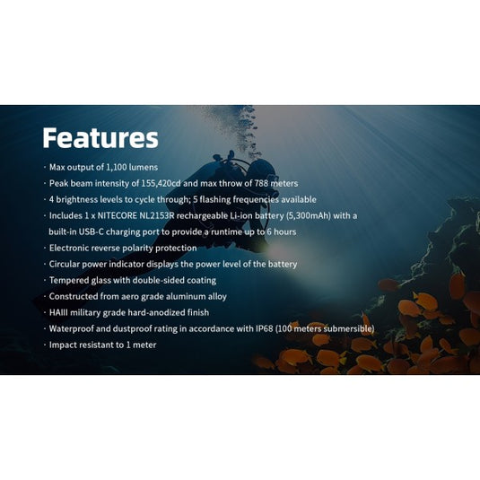 Lanternă Profesională pentru Scufundări, Nitecore DL30, Reincarcabila USB-C, 1100 Lumeni, 788 Metri, Submersibila 100 Metri