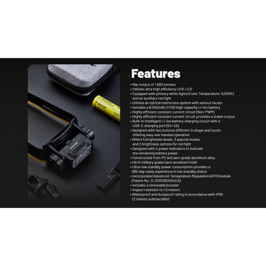 Lanterna frontala profesionala, 1600 Lumeni, NITECORE HC70 UHE