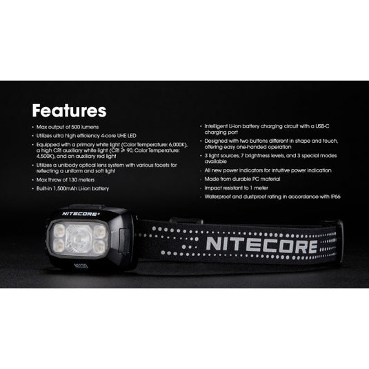 Lanterna frontala Nitecore NU30, 500 Lumeni, 130 Metri