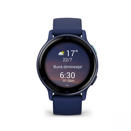 Ceas Garmin - Vivoactive 5 smartwatch cu GPS și AMOLED - ramă Metallic Navy din aluminiu, carcasă Navy şi bratara din silicon