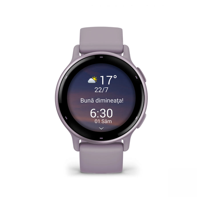 Ceas Garmin - Vivoactive 5 smartwatch cu GPS și AMOLED - ramă mov orchid din aluminiu, carcasă mov şi bratara din silicon