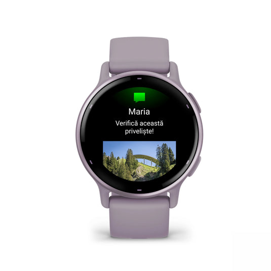 Ceas Garmin - Vivoactive 5 smartwatch cu GPS și AMOLED - ramă mov orchid din aluminiu, carcasă mov şi bratara din silicon